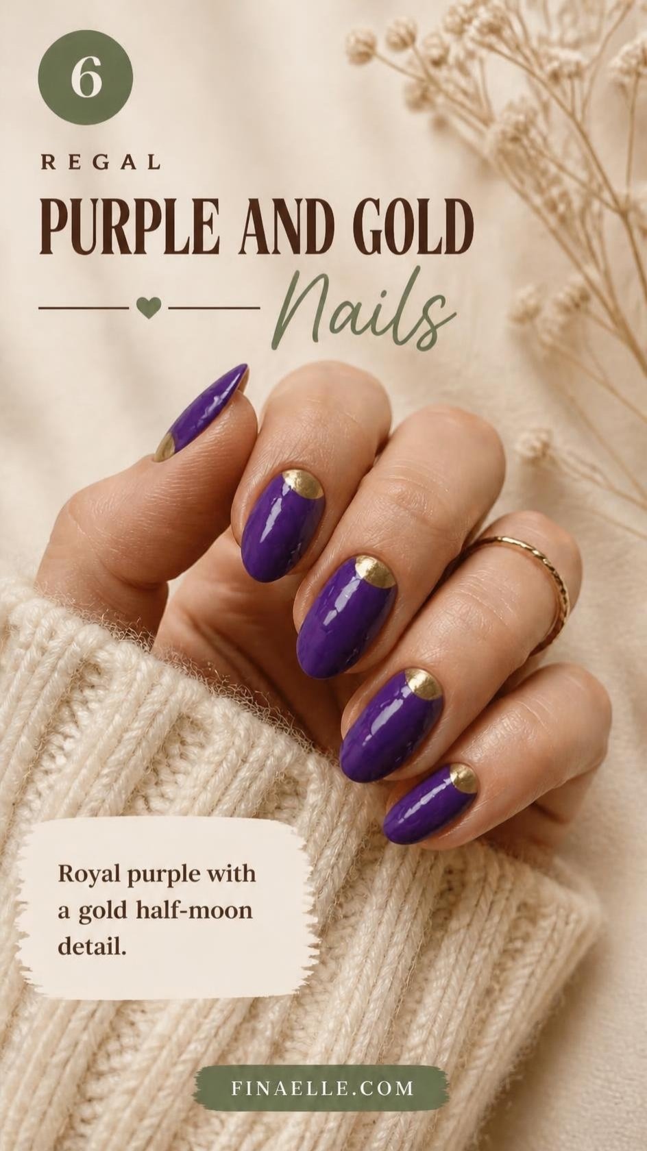Purple and gold NFL nail art with royal purple polish and gold half-moon cuticles