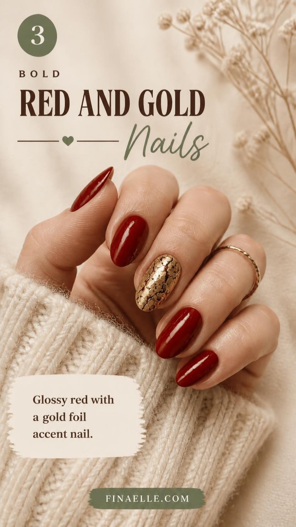 Red and gold NFL game day nails with glossy red polish and a gold foil accent nail