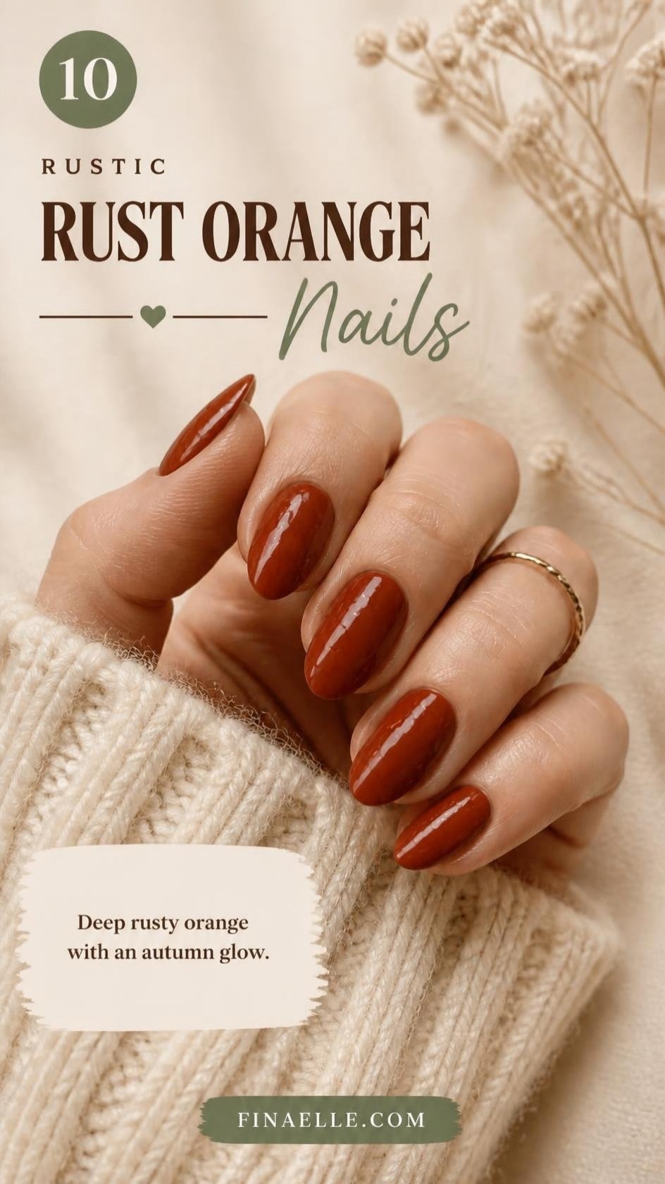 Rust orange October nail color on glossy almond nails
