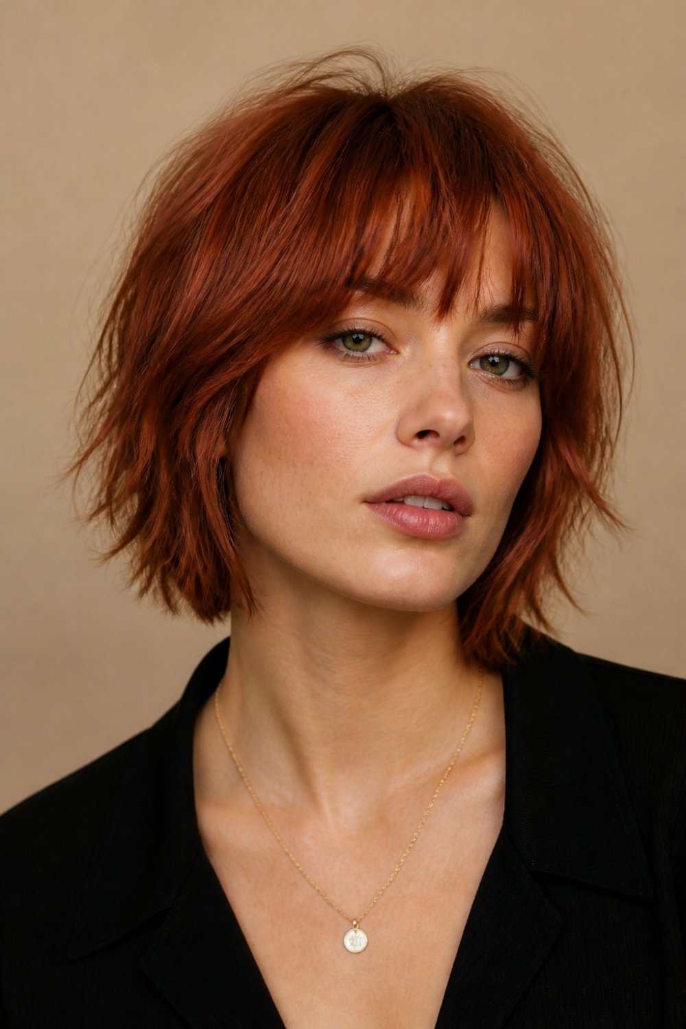 Shaggy bob haircut for women with choppy layers and textured auburn hair