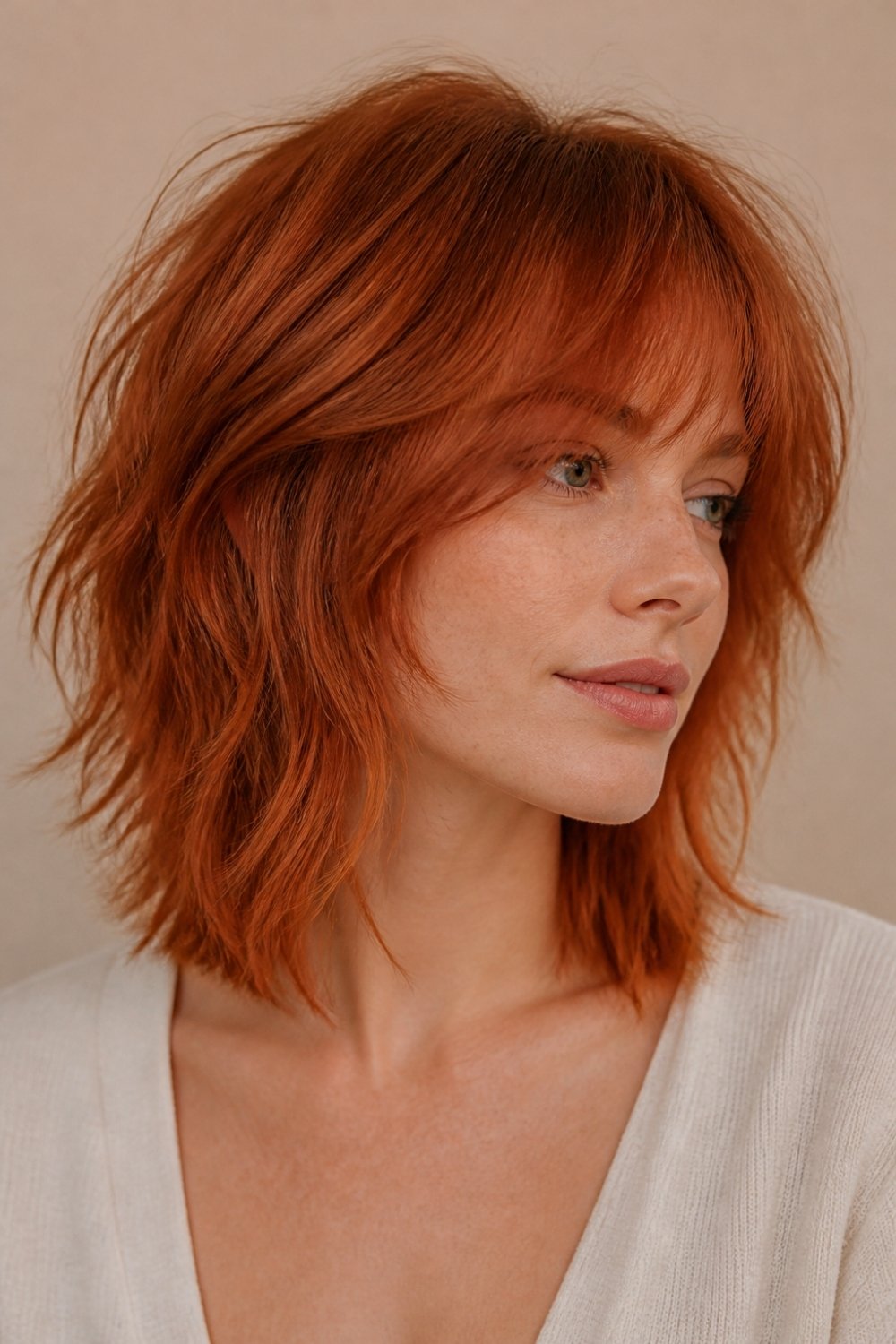 Shaggy lob haircut in copper red with feathered layers long bob