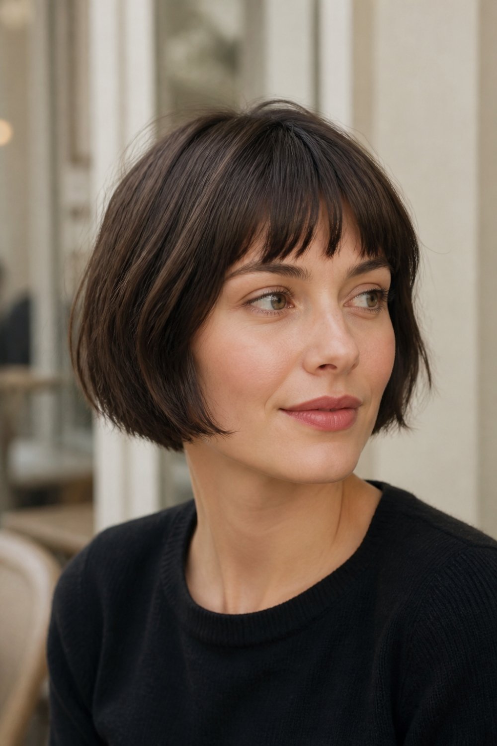Short French bob haircut skimming the jaw with cool brunette hair and short bangs