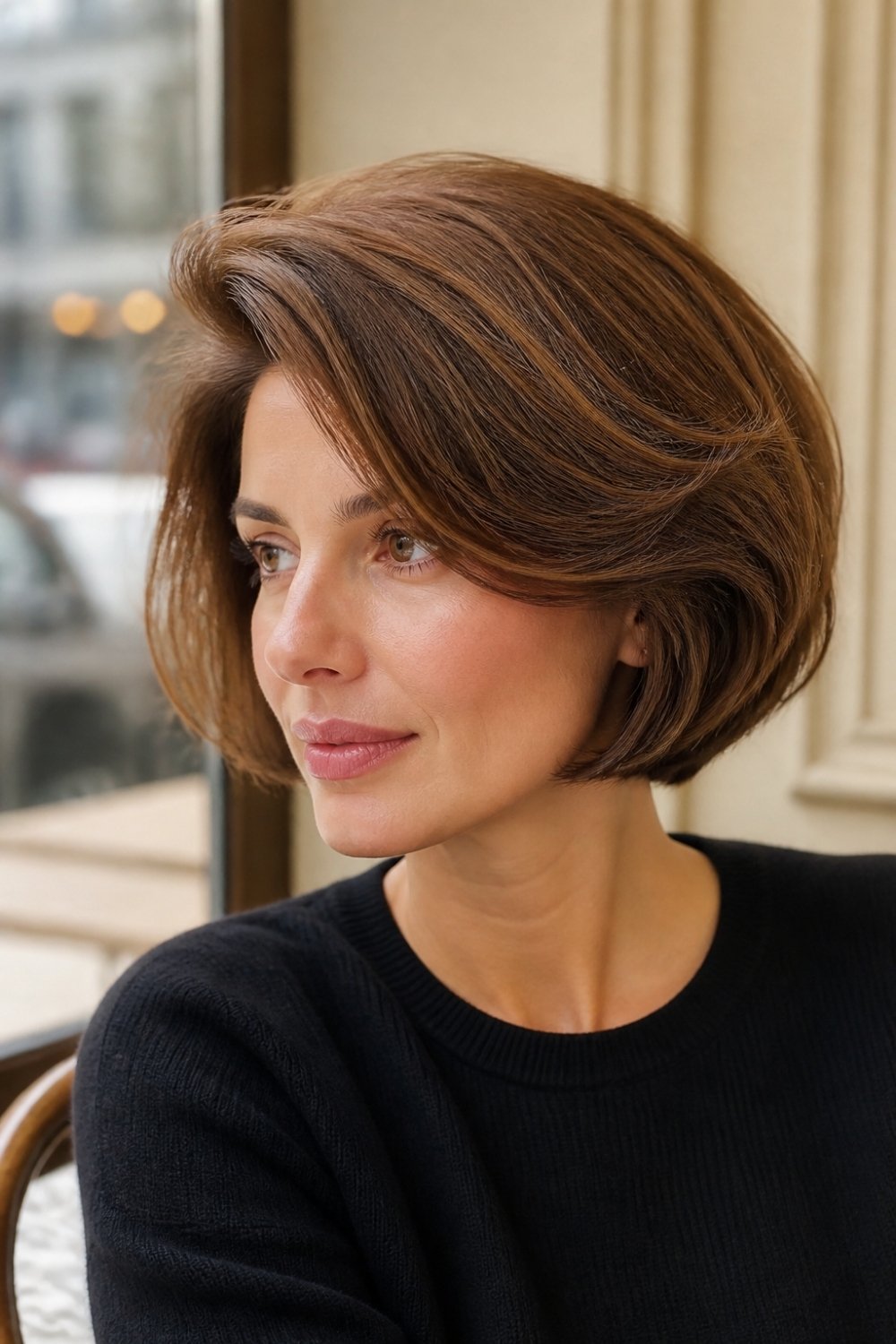 Side-part French bob haircut with volume in caramel brown hair