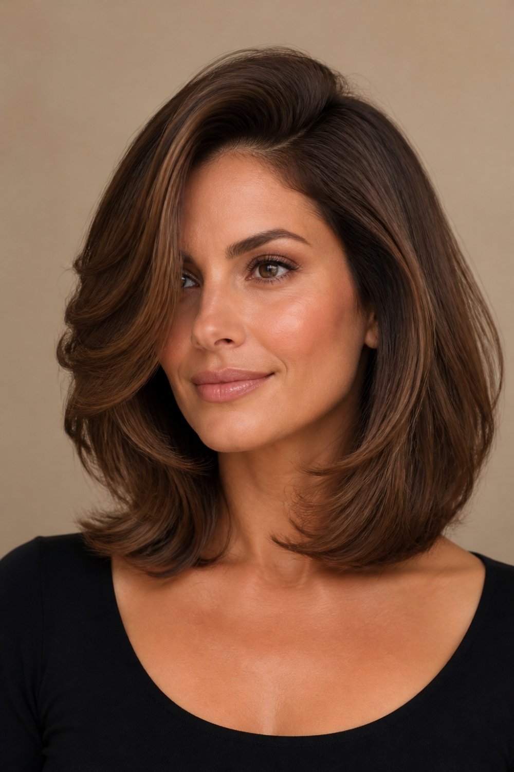 Side part voluminous lob haircut in mocha brown with bouncy blowout long bob