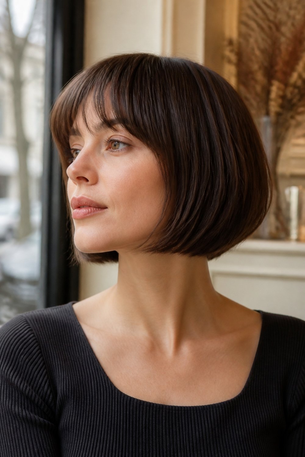 Sleek French bob haircut with glossy straight dark chocolate brown hair