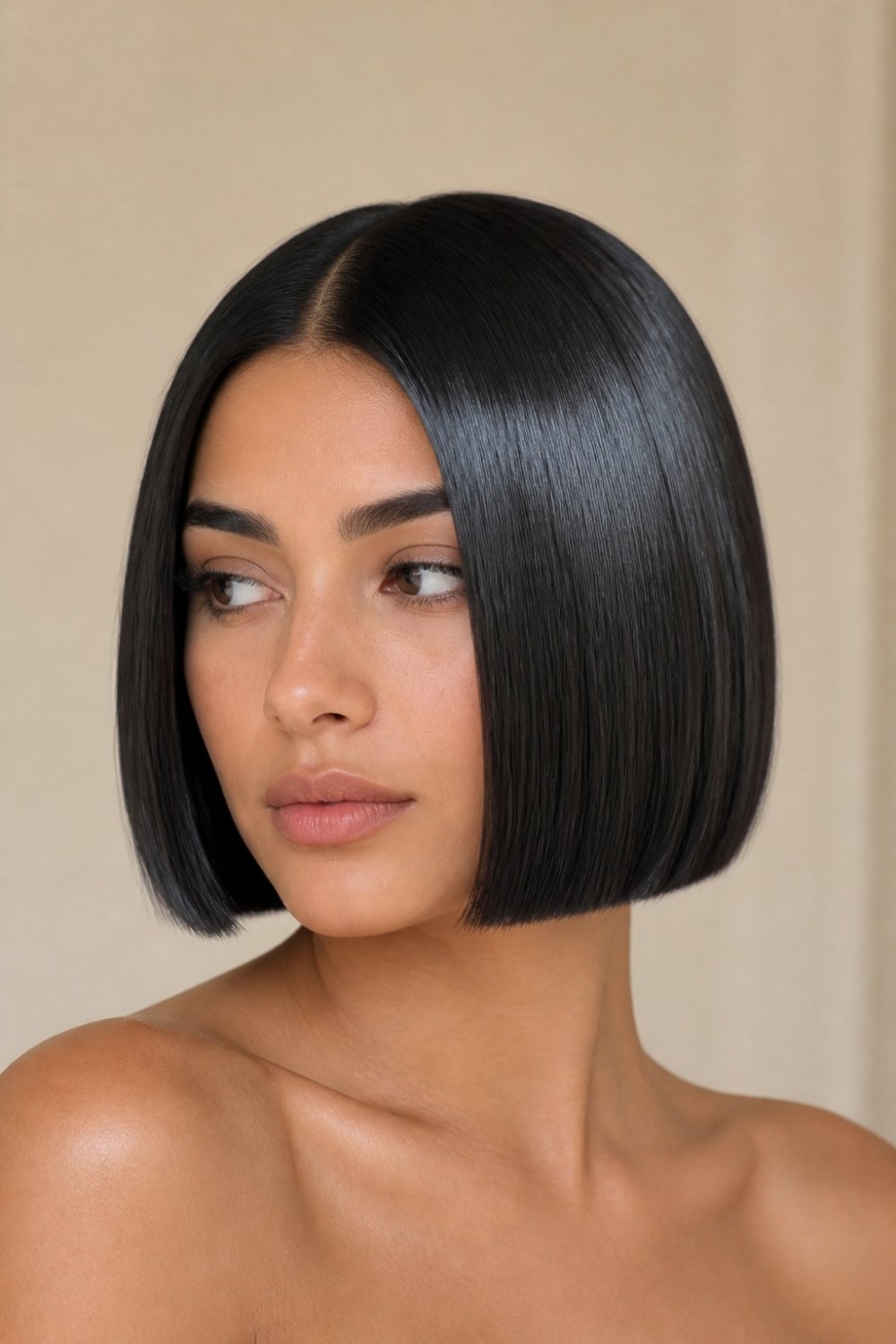 Sleek glass bob haircut for women with ultra shiny straight black hair and a middle part