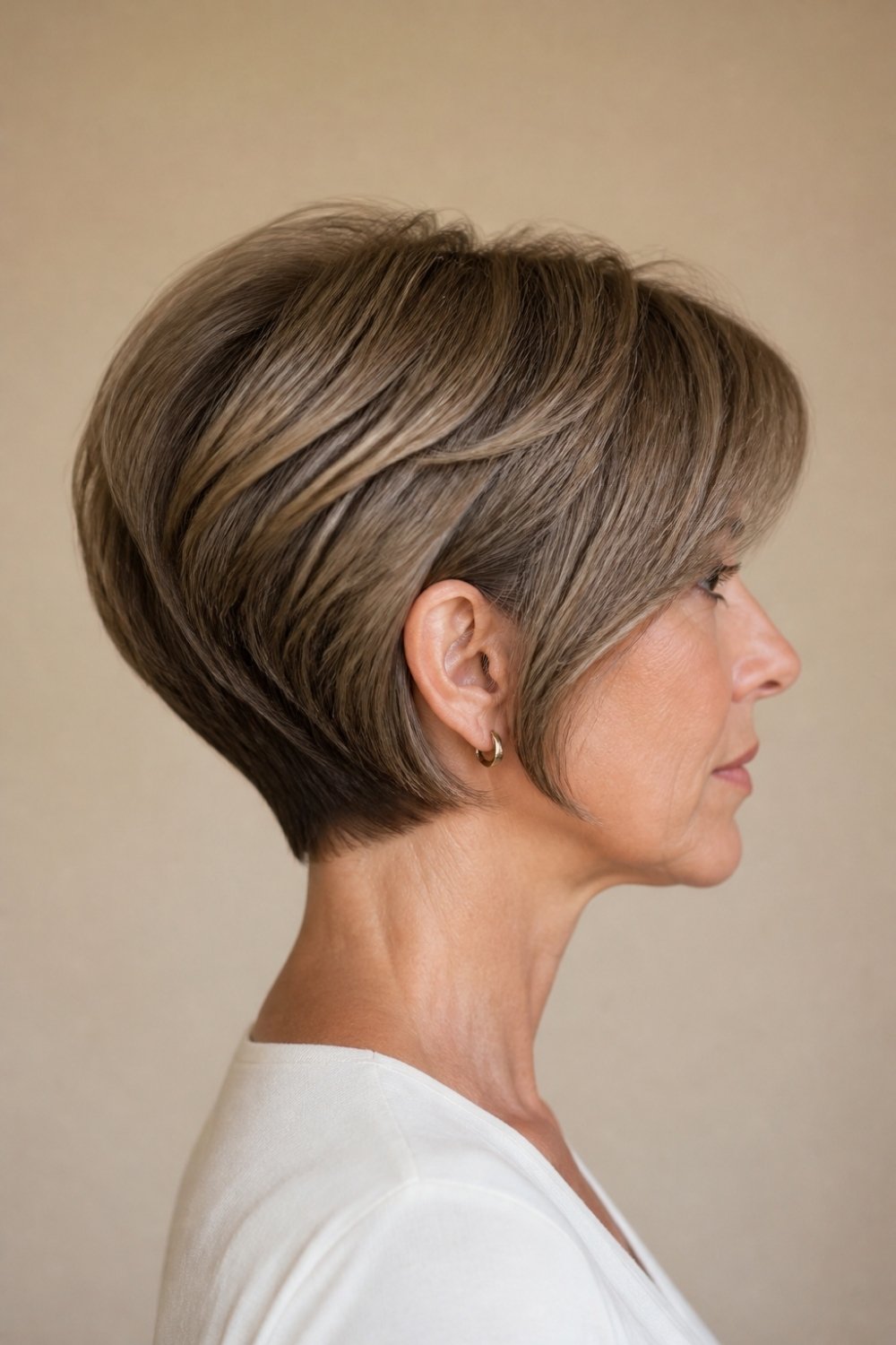Stacked bob haircut for women with layered volume at the back and short ash brown hair
