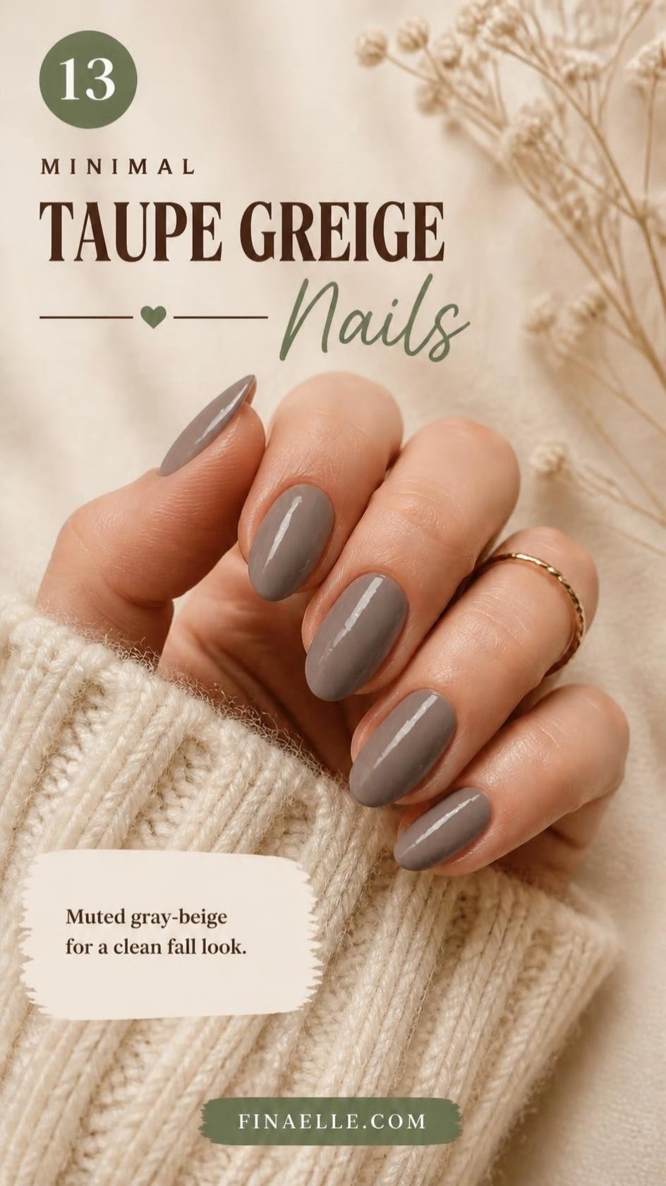 Taupe greige October nail color on glossy almond nails