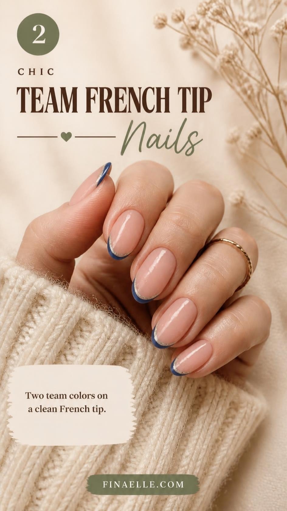 Team color French tip NFL nails with navy and silver tips on nude almond nails