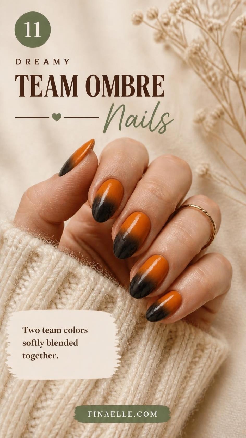 Team color ombre NFL nails blending orange into black on glossy almond nails