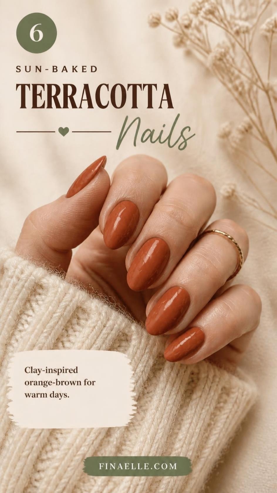 Terracotta October nail color on glossy almond nails