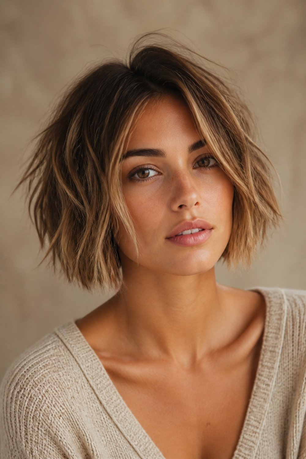 Textured choppy bob haircut for women with piecey ends and dark blonde hair