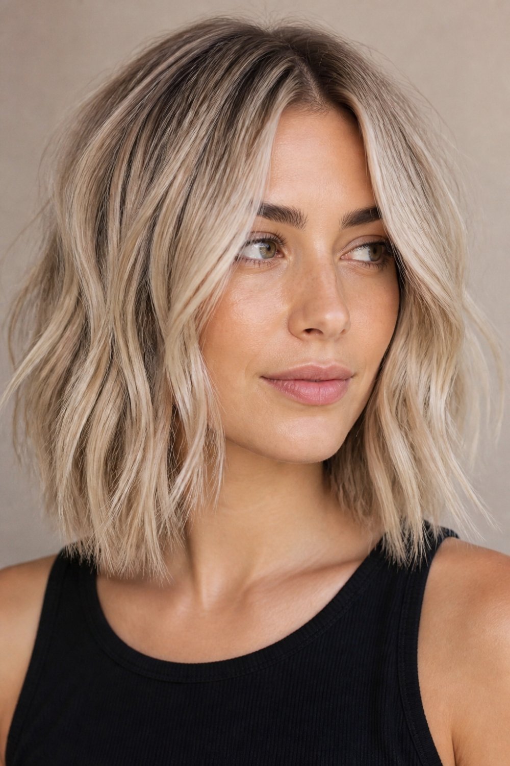 Textured choppy lob haircut in ash blonde with piecey long bob ends