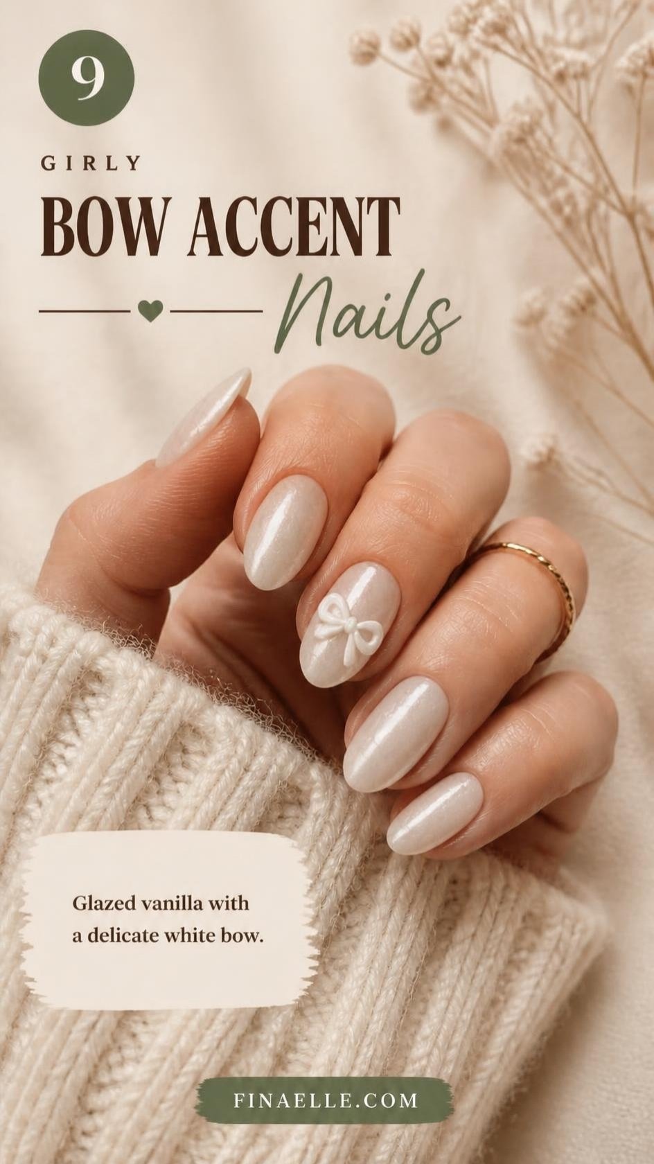 Vanilla chrome nails with a tiny white bow accent on one almond nail