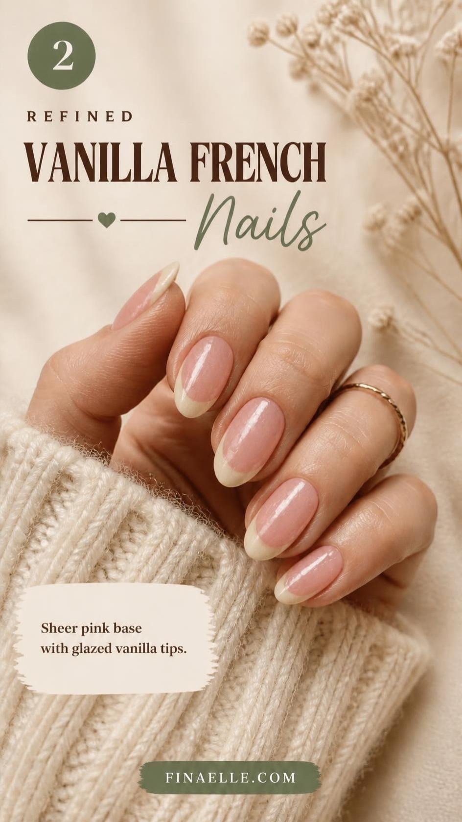 Vanilla chrome French tip nails with glazed vanilla tips on a sheer pink almond base