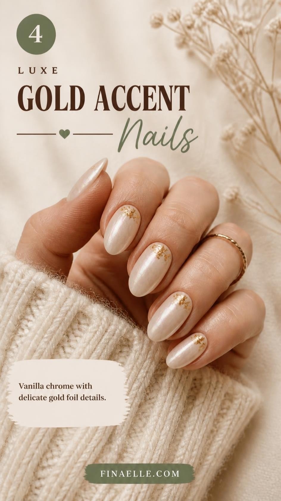Vanilla chrome nails with delicate gold foil accents near the cuticle on almond nails