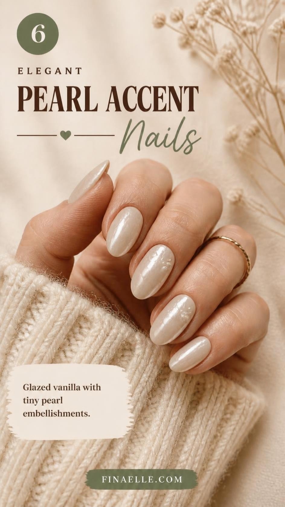 Vanilla chrome nails with tiny 3D pearl embellishments on almond accent nails