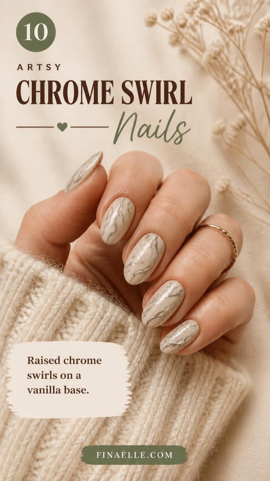 Vanilla chrome swirl nails with raised pearly chrome lines on creamy almond nails