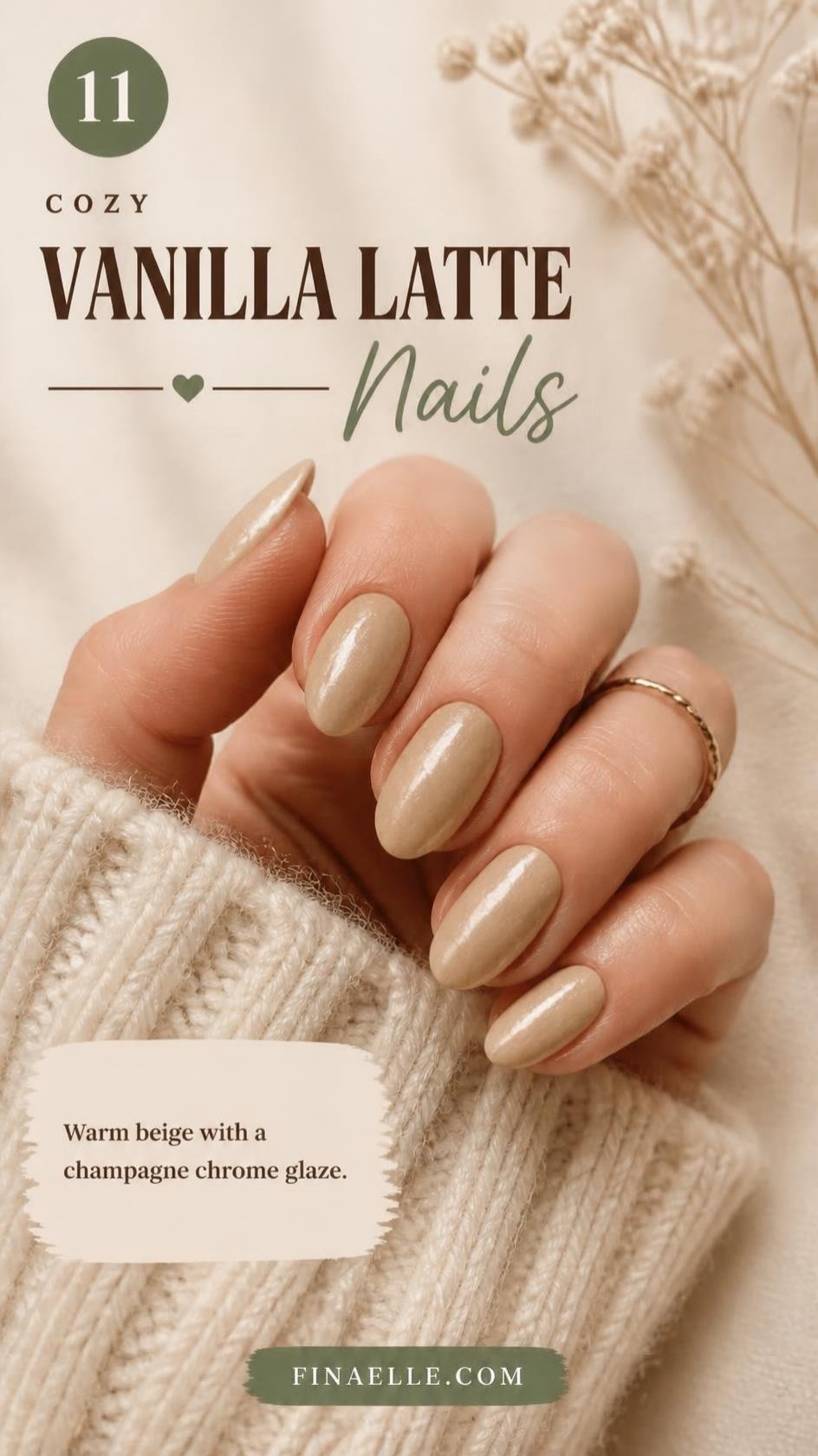 Vanilla latte chrome nails with warm beige polish and champagne chrome glaze on almond nails