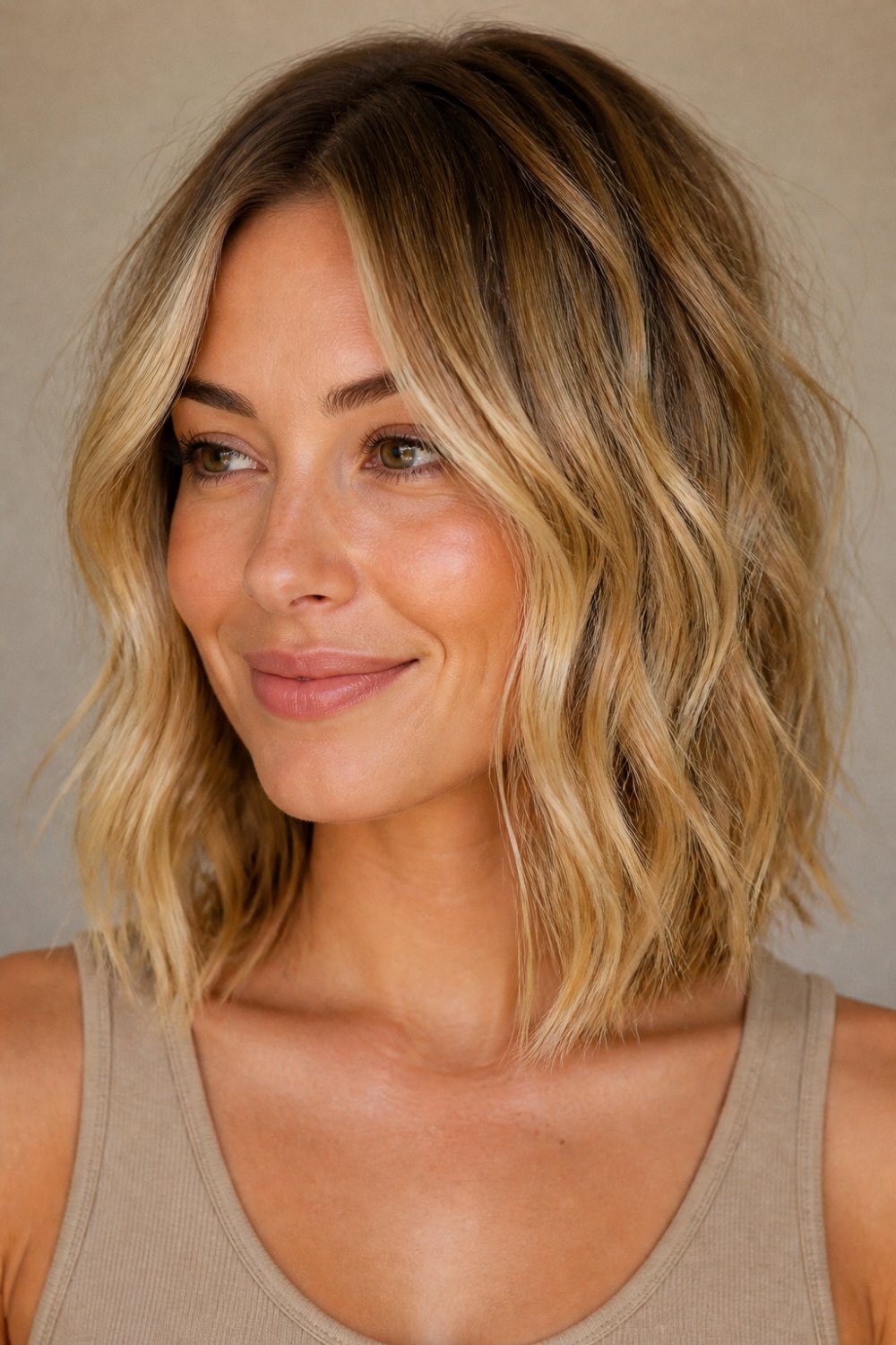 Wavy beach lob haircut with honey blonde beachy long bob waves