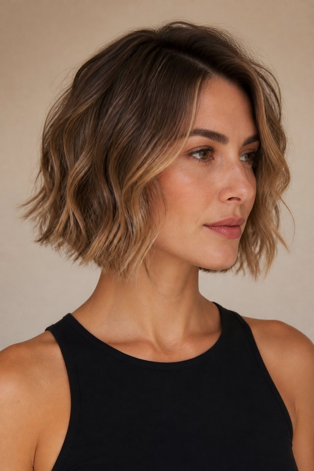 Tousled wavy bob haircut for women with beachy waves in light brown balayage hair