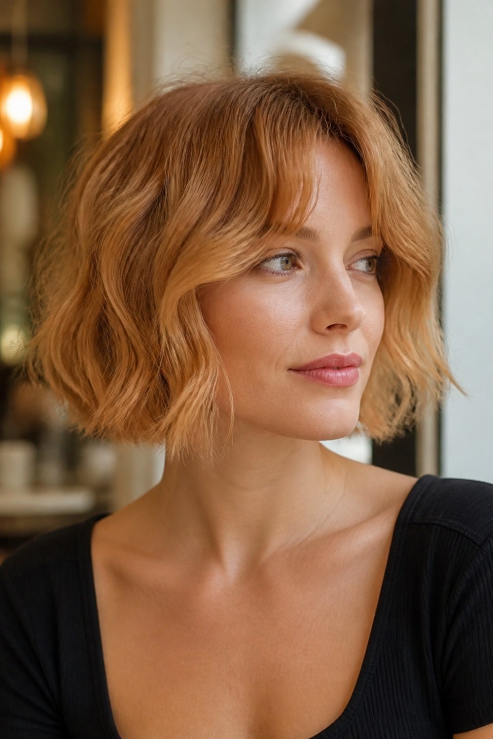Wavy French bob haircut with loose beachy waves in strawberry blonde hair