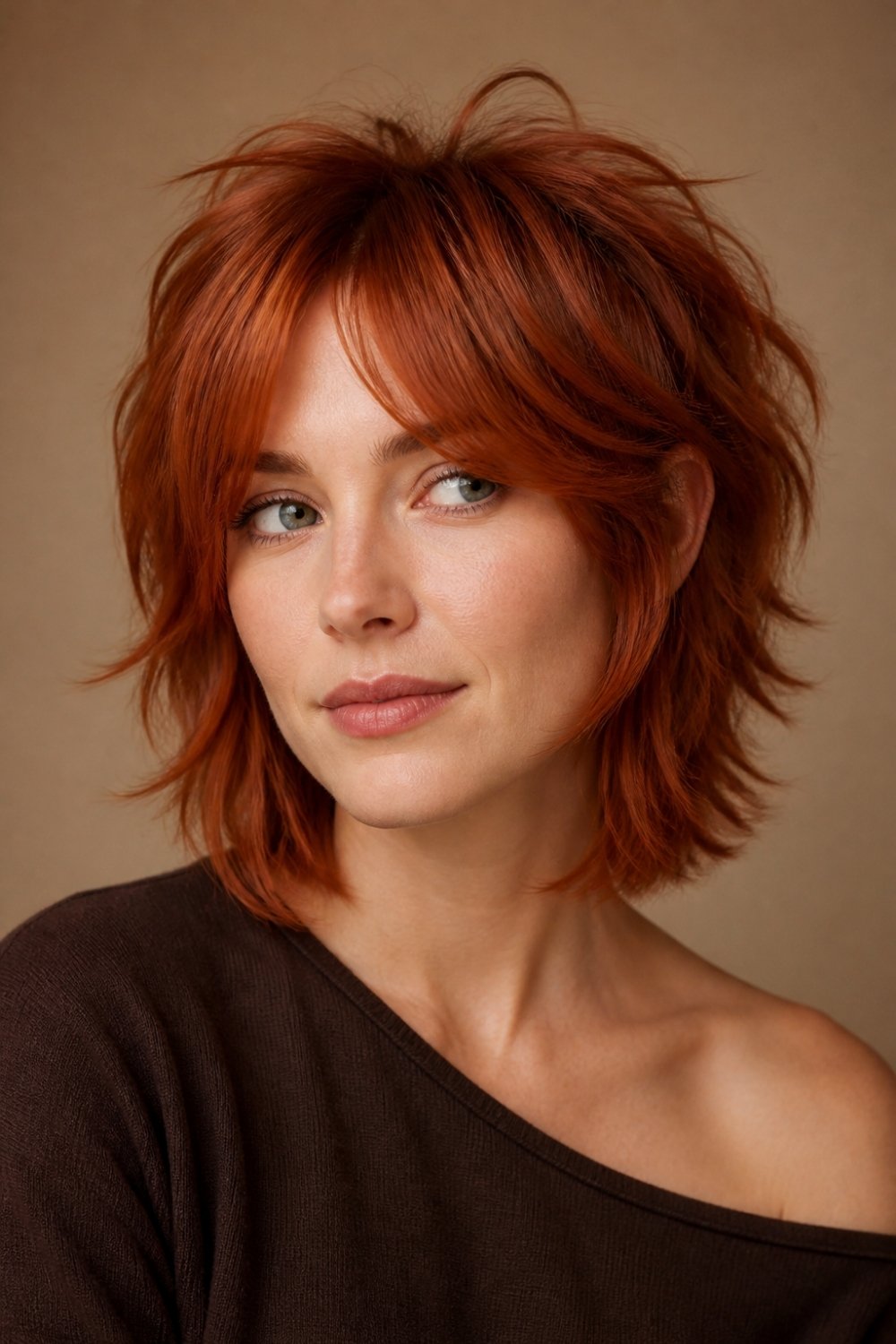Wolf cut bob haircut for women with shaggy layers, curtain bangs and copper red hair